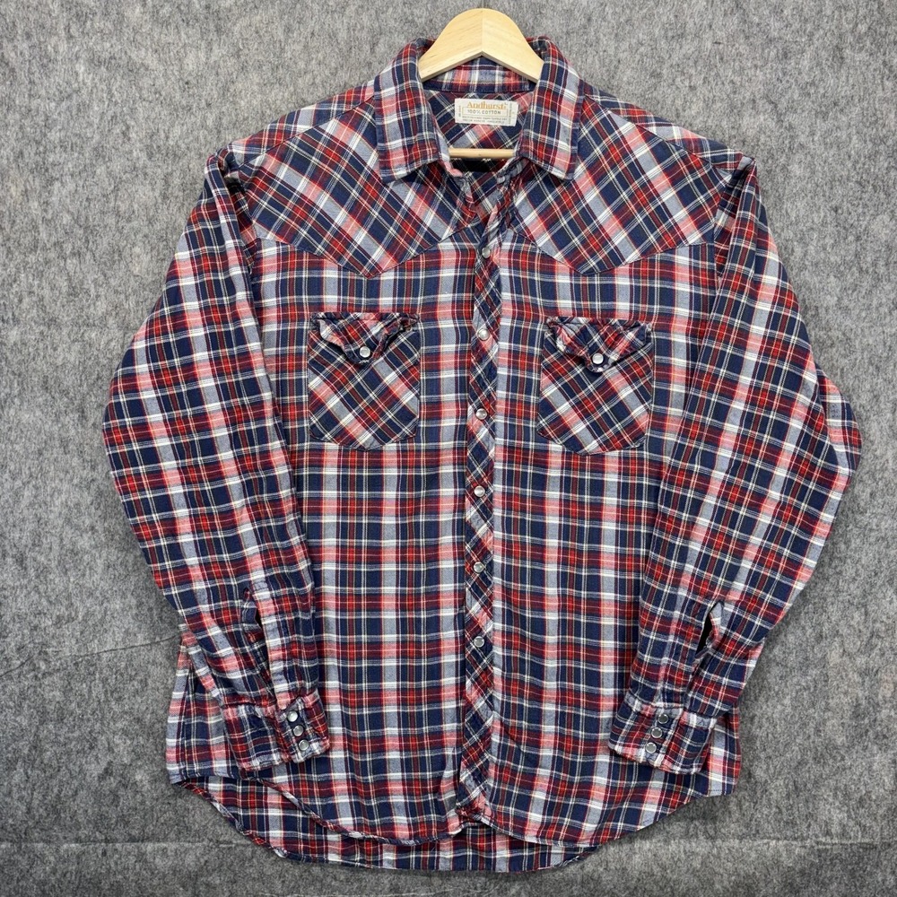 Vintage Andhurst Pearlsnap Shirt Mens Large Plaid Western Red Blue Cotton Cowboy